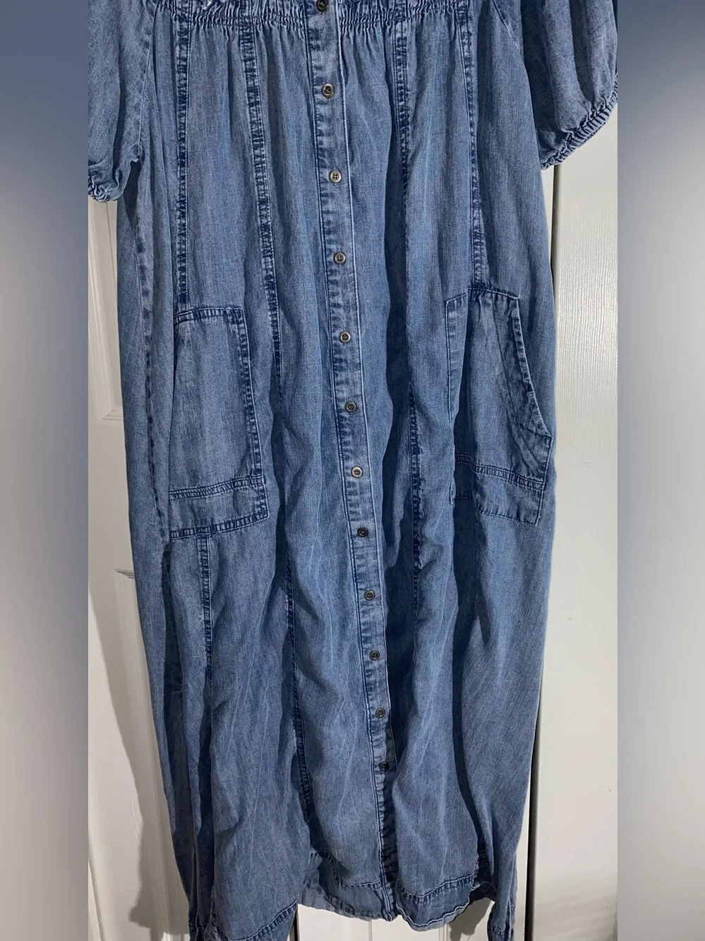 Easel Blue Denim Summer Boho Midi Dress Button M Puff Sleeve AA20 - Picture 3 of 10
